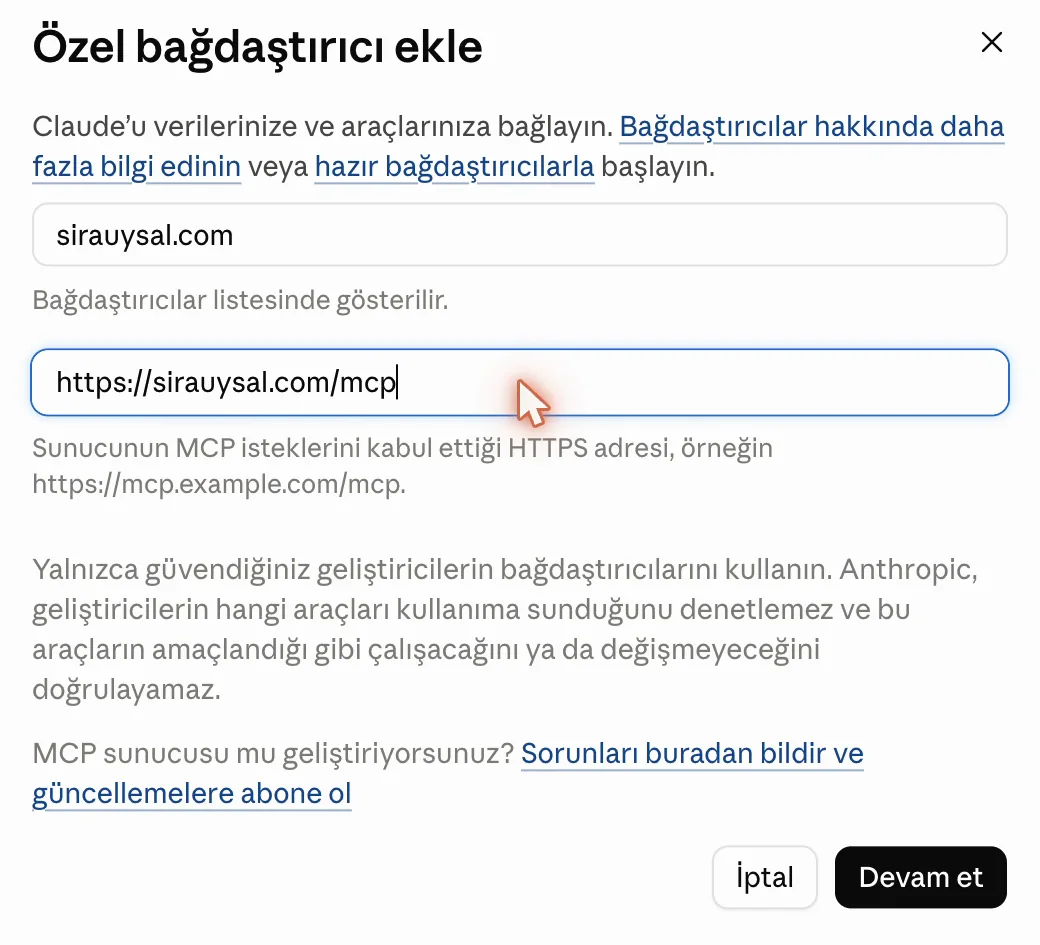 The Add custom connector window with sirauysal.com as the name and https://sirauysal.com/mcp as the address
