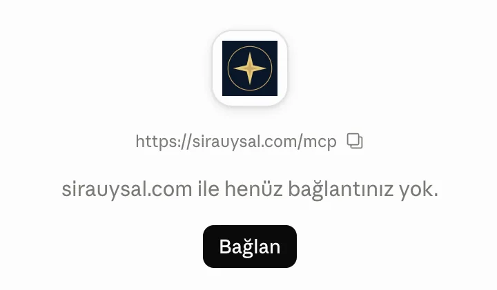 The sirauysal.com connector page with the site icon, the address https://sirauysal.com/mcp and the Connect button