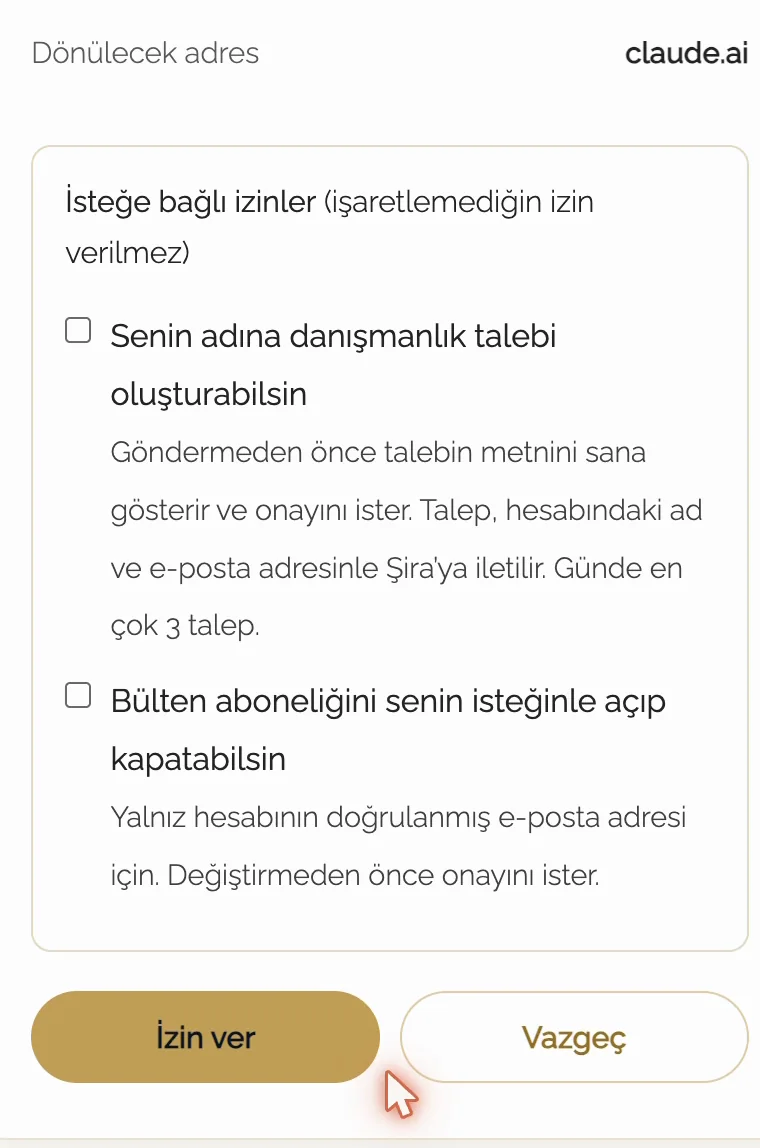 The sirauysal.com consent screen in Turkish: return address claude.ai, two unchecked optional permissions and the İzin ver (Allow) and Vazgeç (Cancel) buttons