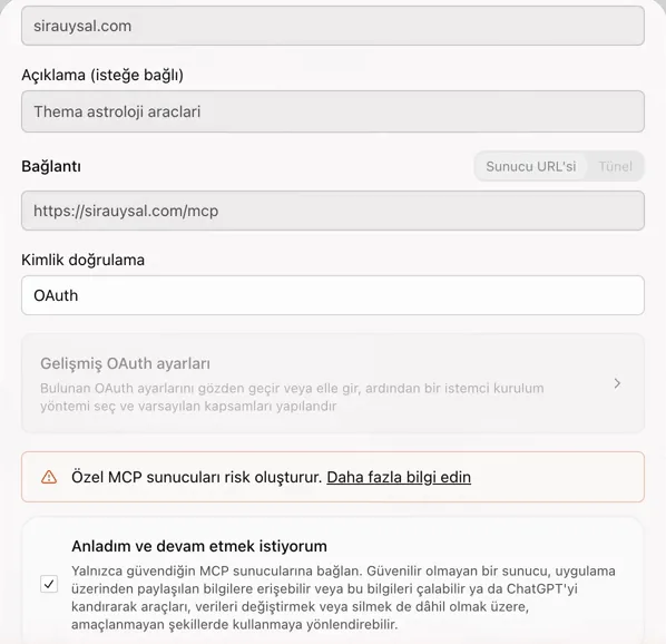 ChatGPT's custom MCP server form in Turkish: name sirauysal.com, URL https://sirauysal.com/mcp, authentication OAuth