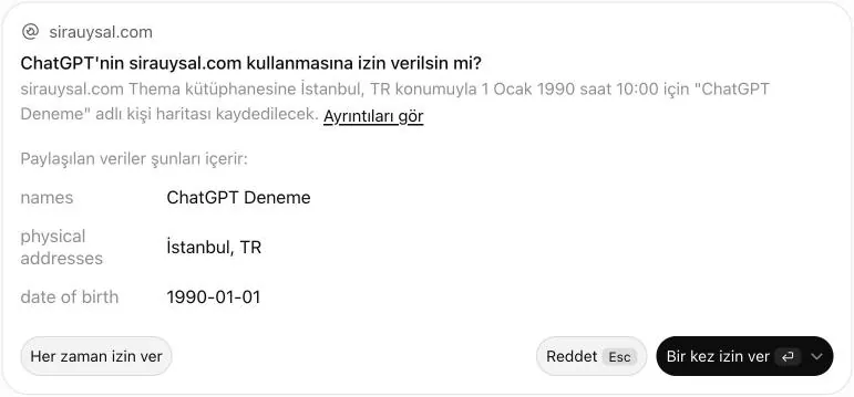 ChatGPT asking for permission in Turkish before a chart is saved to the Thema library, with Reddet (refuse) and Bir kez izin ver (allow once) buttons